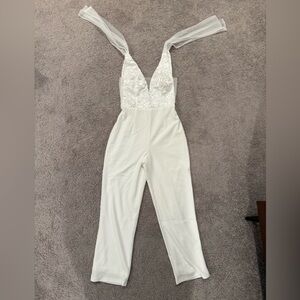 Lulu's White Mesh Embroidered Tie-Strap Jumpsuit